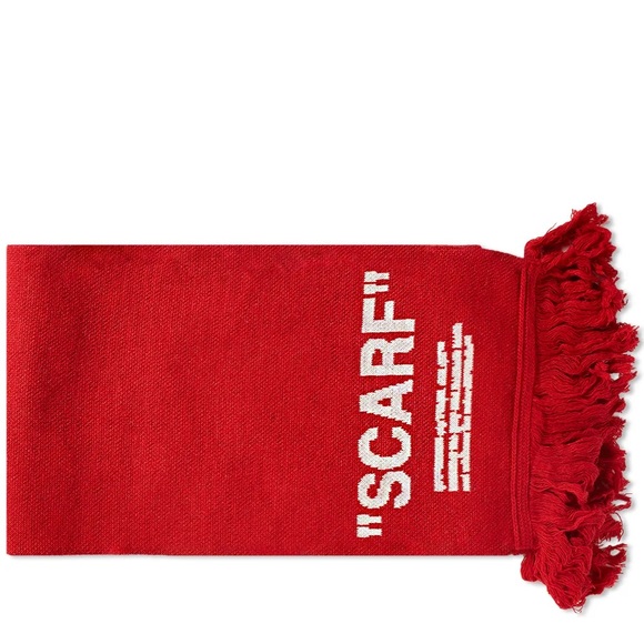 Off-White Intarsia-knit Extra Long Red White Logo Fringed Wool Scarf - Picture 6 of 7